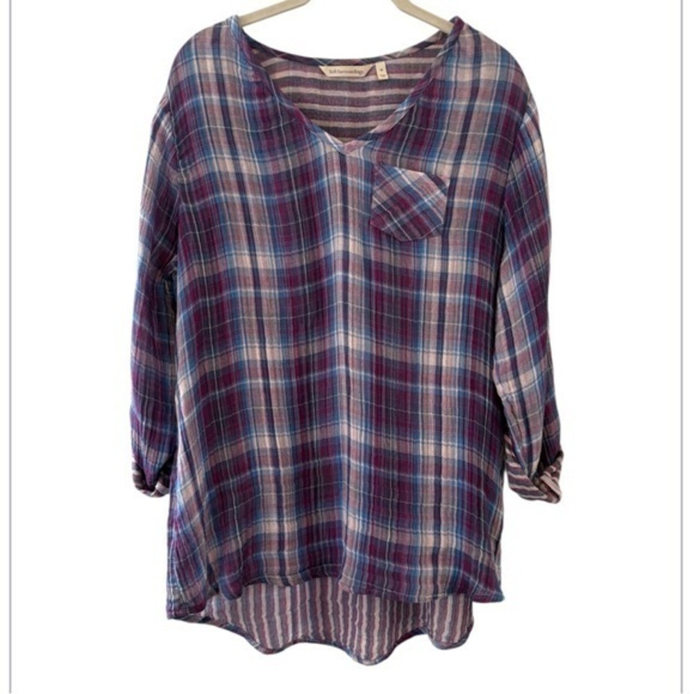 Soft Surroundings Purple Blue Plaid Gauze Cottagecore Beach Hi Low Tunic Top M